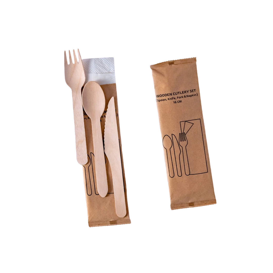 Wrapped Wooden Cutlery Set - 4pcs ( Fork,Spoon,Knife and Napkin), 500 sets